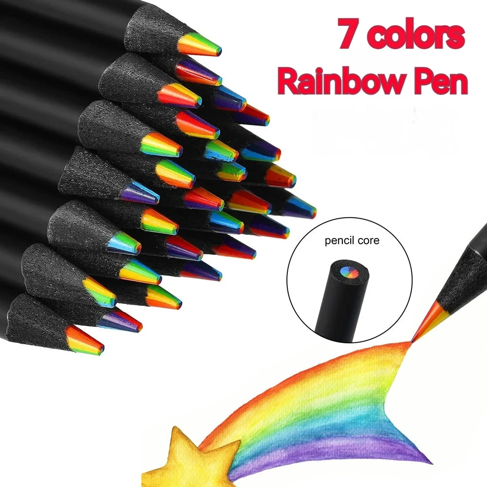 1-12 Pcs Colored Black Wood and Log Poles Pencils, 7 in 1 Rainbow Drawing Pencil. for Sketching, Doodling, Coloring, Painting