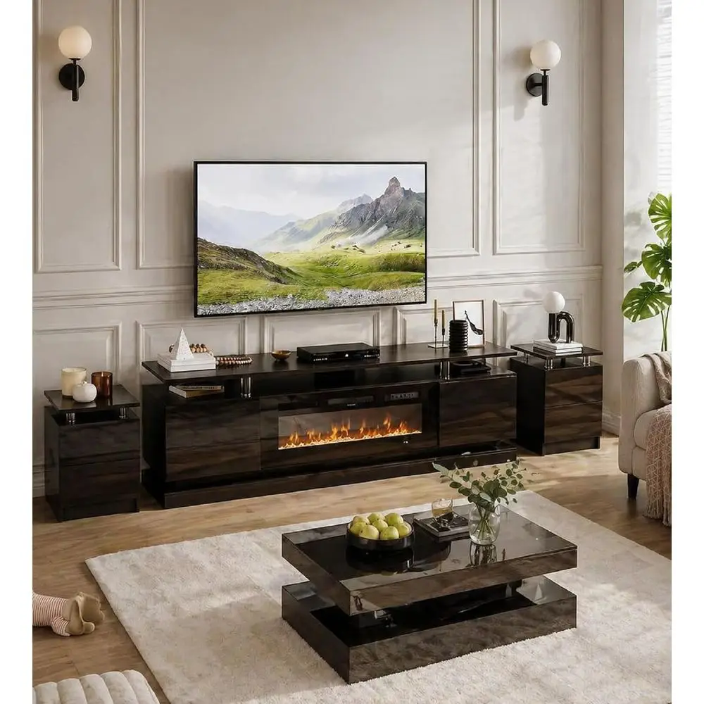 

4-Piece Modern Living Room Table Set: 70 TV Stand, 39 Coffee Table, 2 x 15 End Tables with Storage, Black