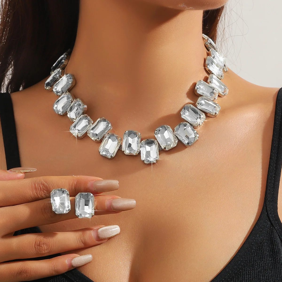 Conjunto de collar y pendientes de diamantes de imitación geométricos para mujer, colorido, fucsia, fiesta de boda, accesorio de banquete