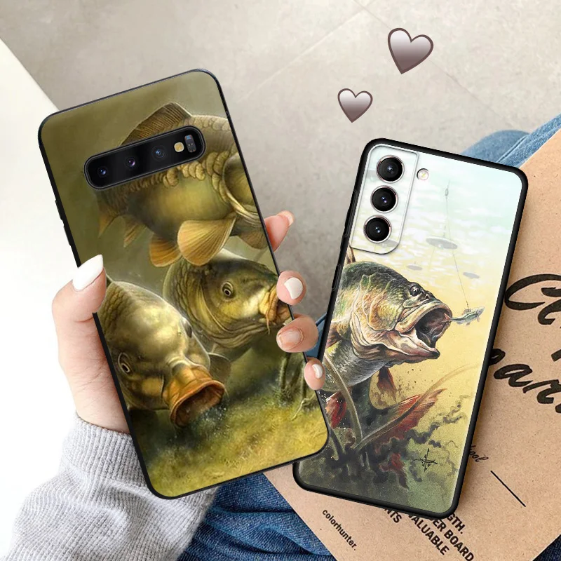 Phone Case For Samsung S24 Note20 Ultra S23 S22 S21 S20 Galaxy S10 Plus River Carp Fishing Art Black Soft Anti-Drop Cover