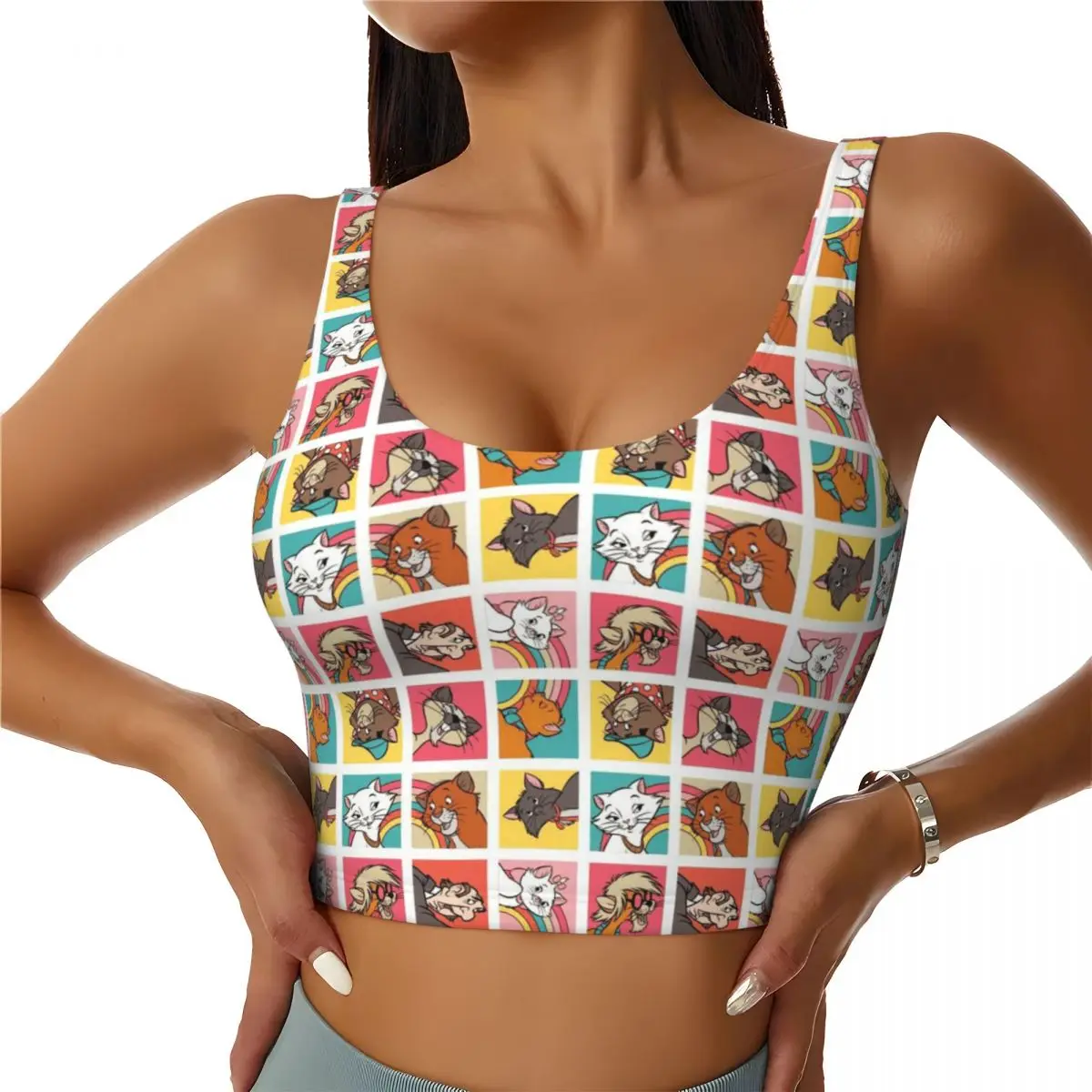 

Custom Marie Cat Anime Pattern High Impact Sports Bras for Women The Aristocats Seamless Workout Yoga Crop Tank Tops