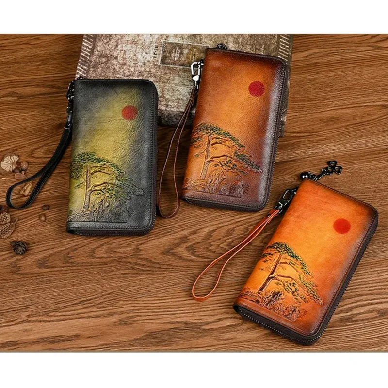 MOTAORA Women's Leather Wallet Handmade Genuine Cowhide Vintage Long Purse Card Holder Emed Leather Hand Wallets 2025 NEW