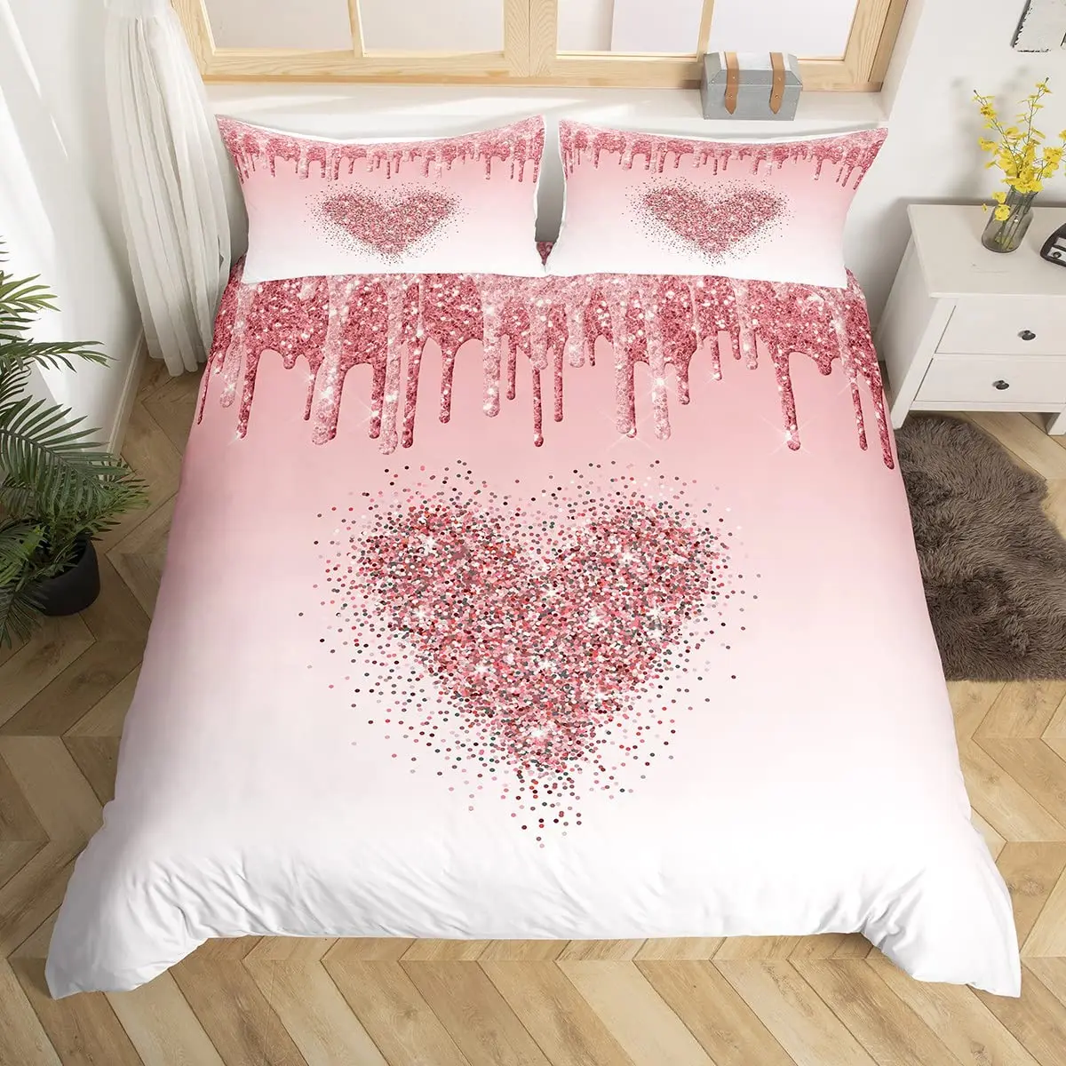 Colorful Love Heart Comforter Cover Queen Pink Black Bedding Set Romantic Duvet Cover Valentine's Day Quilt Cover with Zipper