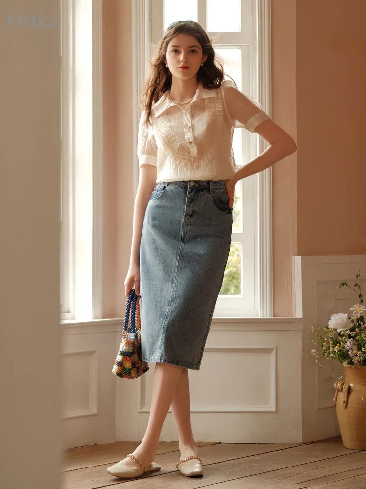 ARTKA 2022 Summer New Women Skirt Fashion Casual Midi Retro Washed Denim Skirts High Waist A-Line Straight Skirt Female QN29025X