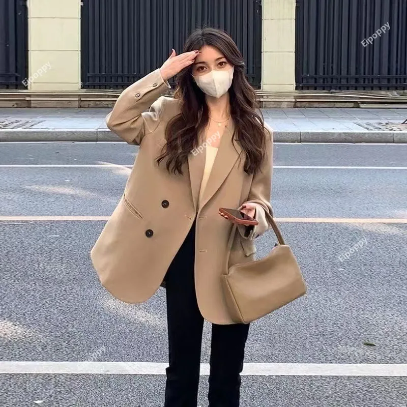 Brown Suit Jacket for Women 2024 New Korean Style Double Breasted Loose Slimming Fried Street Internet Celebrity Leisure Suit