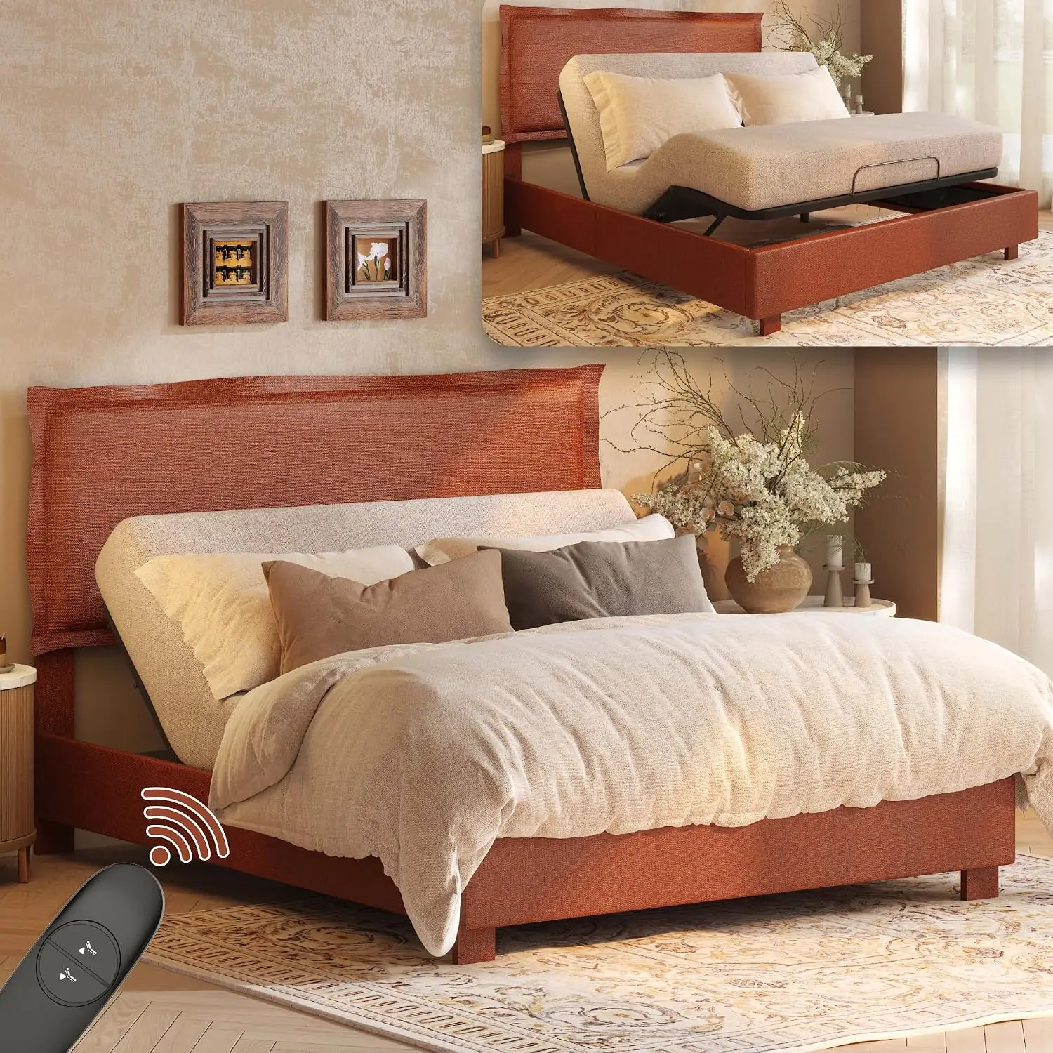 All-In-One Adjustable Bed Frame with Upholstered Flange Edge Headboard, Queen, Minimalist Design, Synchronized Head