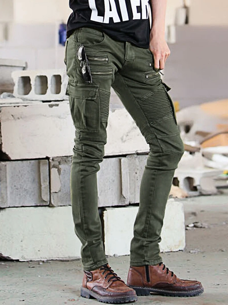 Fashionable Men's Biker Casual Pants Elastic Waist Zipper Pocket Slim Fit Workwear Trousers Youthful Energy Style Khaki Green