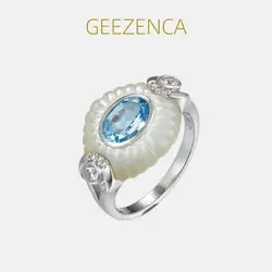GEEZENCA Natural Topaz S925 Silver White Mother of Pearl Zircon Ring For Women Blue Stone Oval Luxury Chic Rings 2024 New Gift