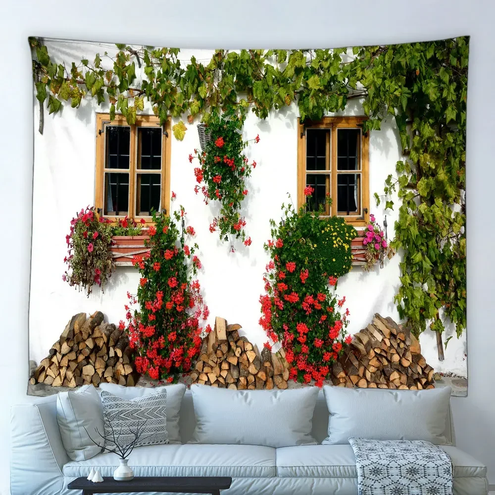 Retro Flowers Window Scenery Tapestry Country Town Old Wooden House Green Plants Vines Hippie Wall Hanging Cloth Bedroom Decor