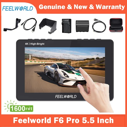 FEELWORLD F6 Pro Monitor de cámara F6 Pro, pantalla táctil de 5,5 pulgadas, 1600nits, alto brillo, 4K, HDMI, con Kit de instalación de energía externa F970
