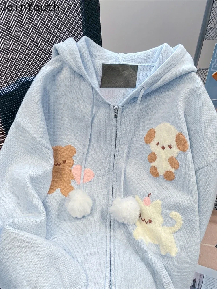 Pull décontracté à capuche avec fermeture éclair pour femme, manteau côtelé japonais, cardigan à la mode avec motif de dessin animé