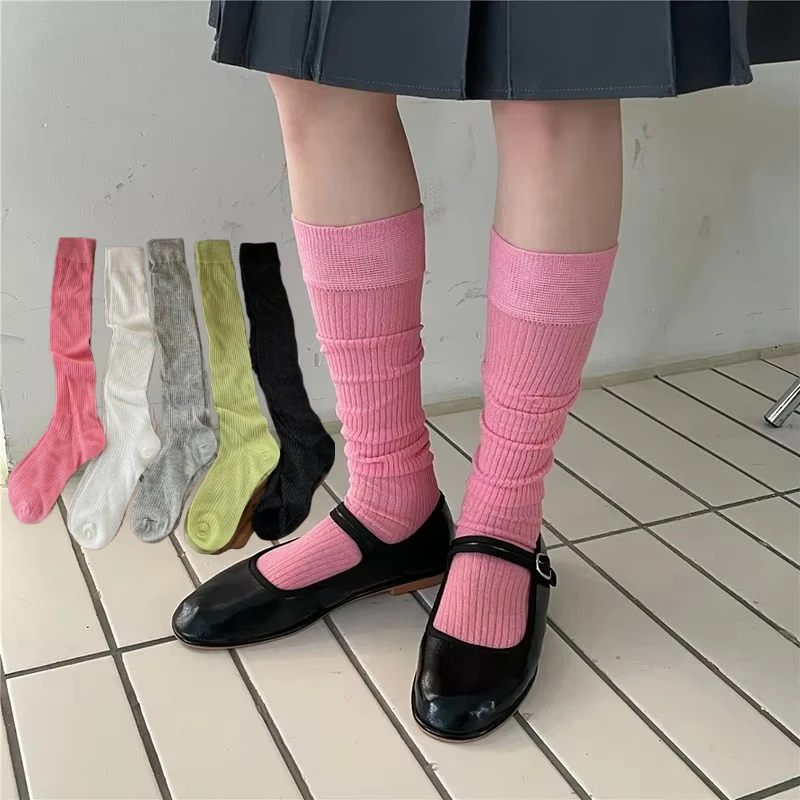 1/2/5 pair of spring and summer stacked socks Korean vertical striped long tube socks versatile solid color socks of Women