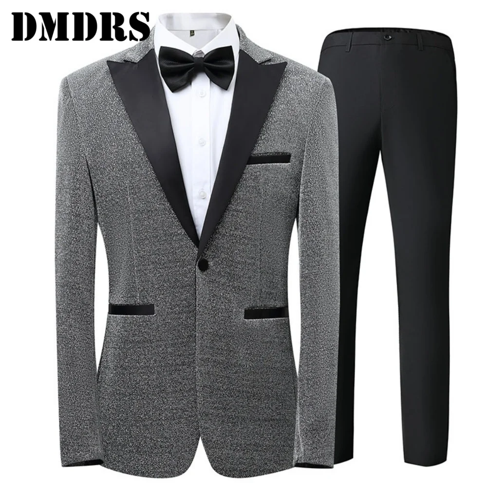 

Luxurious Mens 2PCS Jacket Pants Bow Tie Elegant Business Suit Set For Weddings Groom Office Mens Attire Graduation Ceremony