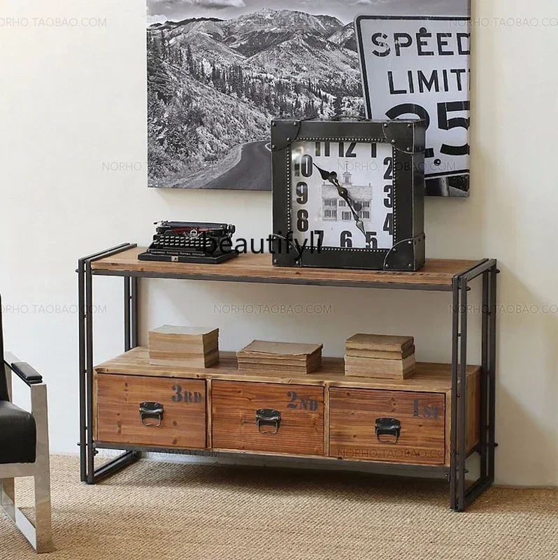 

American wrought iron dining side cabinet loft old solid wood rack living room storage rack
