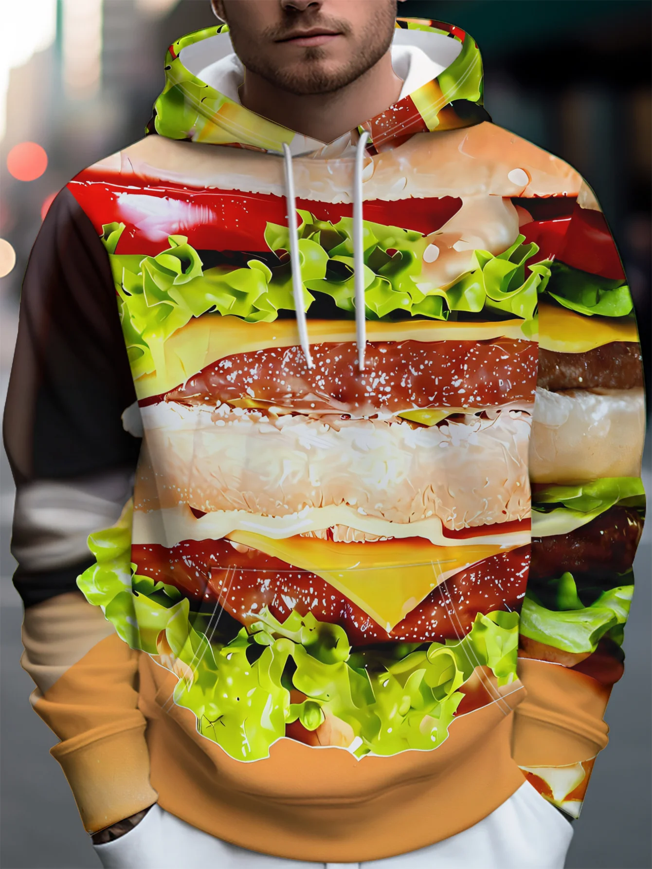Men Giant Beef Cheese Burger 3D All Over Print Hoodie Food Graphic Casual Long Sleeve Hooded Sweatshirt