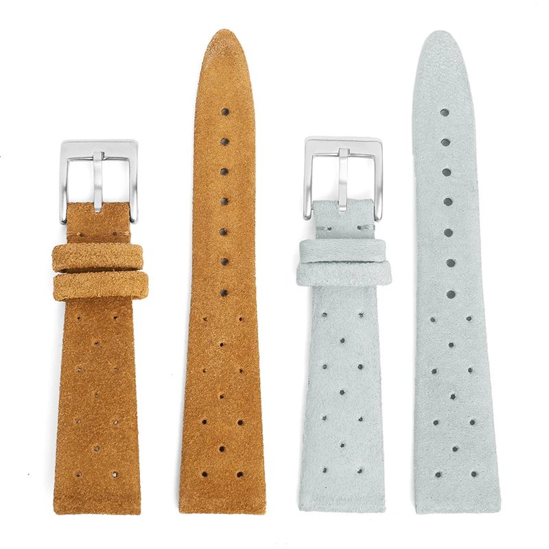 Soft Suede Leather Watch Strap 19mm Gray Brown Short Watchband Handmade Stitching Breathable Wristband Accessories for Men Women