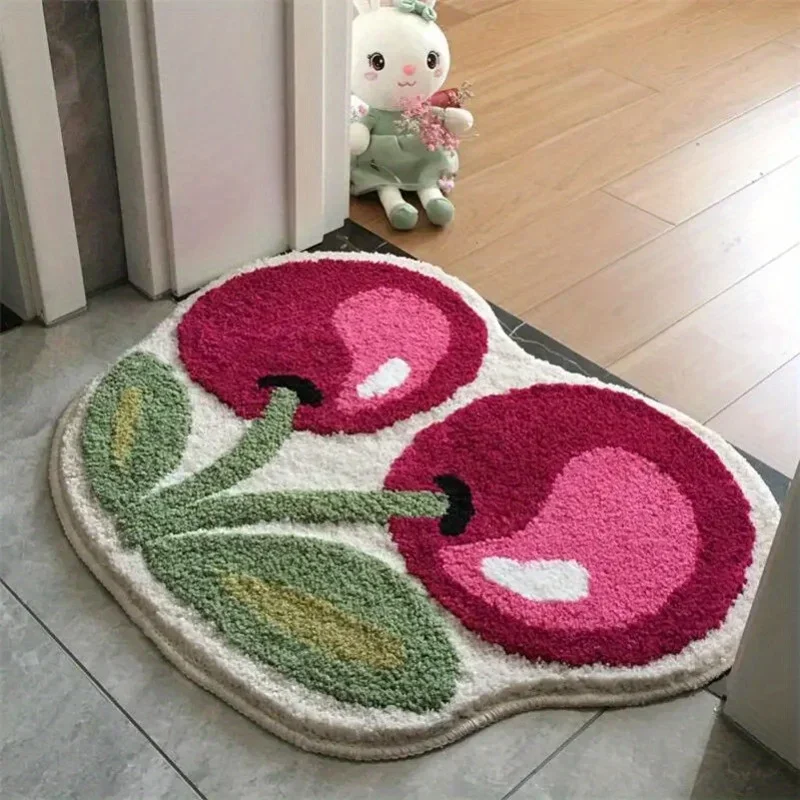 1pc Cute Cherry Tufted Rug Doormat Soft Thick Fluffy Tufted Bathroom Absorbent Rug Bathroom Bedroom Entrance Floor Mat