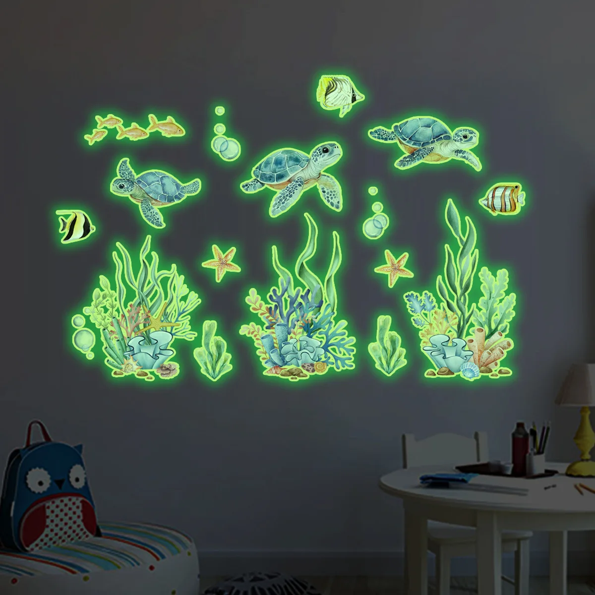 Glow-in-the-Dark Ocean Wall Decals - Turtle & Bubble Bathroom Stickers for Kids' Room