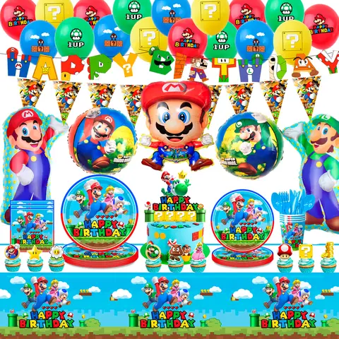 Mario Birthday Party Supplies,123 Pcs Super Mario Party Supplies-Mario Bros Banner Balloons Plates etc Mario Party Decorations