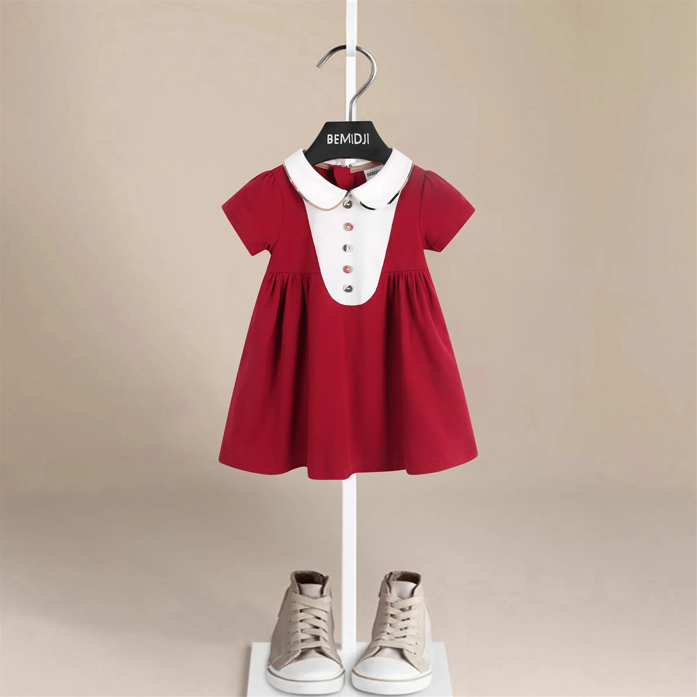 

Female Child Clothes Fashion Girls Dresses Birthday Summer Dress School Sundress New Red Elegant Pleated Pure Cotton Puff
