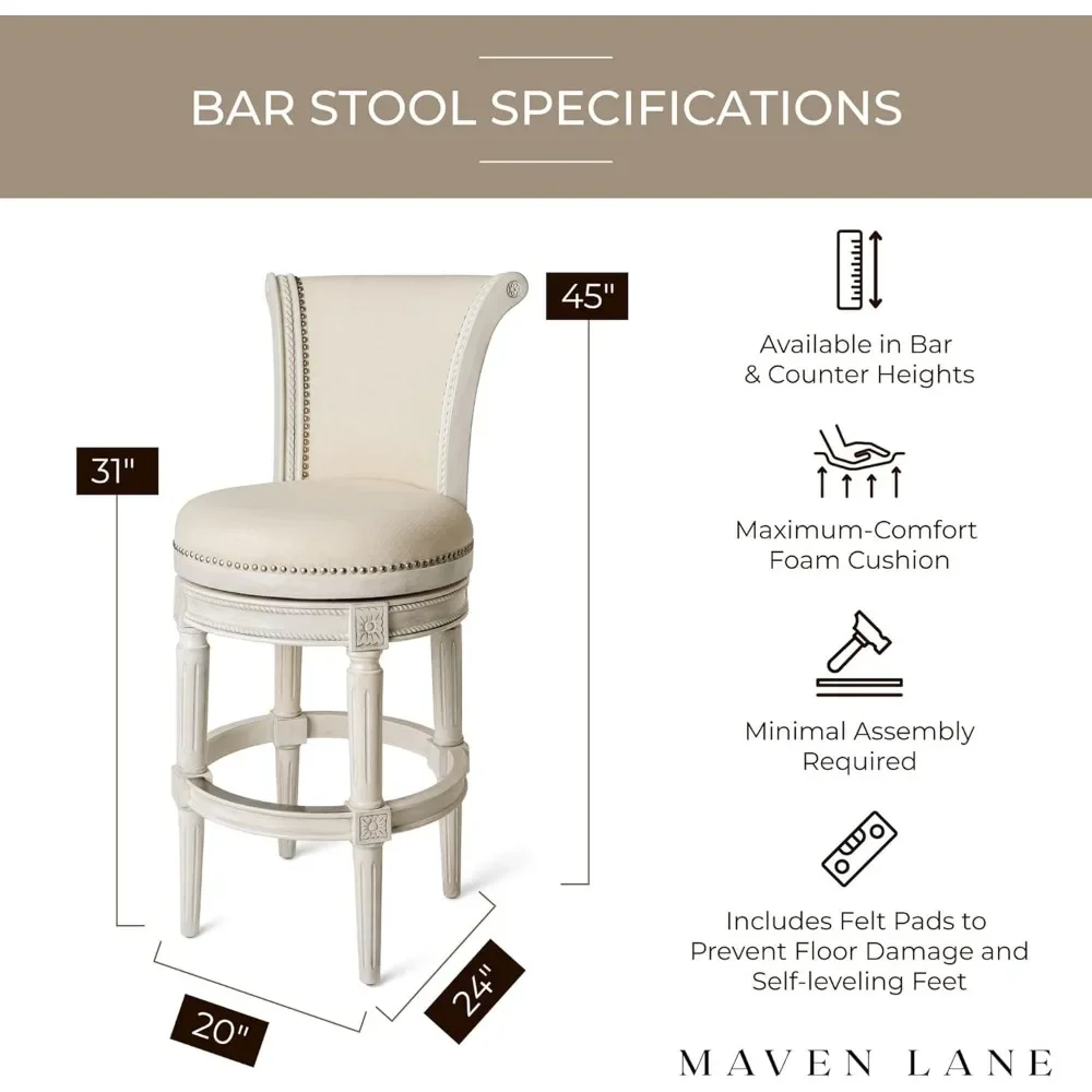 31 Inch Tall Bar Height Upholstered Barstool with Back in White Oak Finish with Natural Color Fabric Cushion Seat, Set of 4