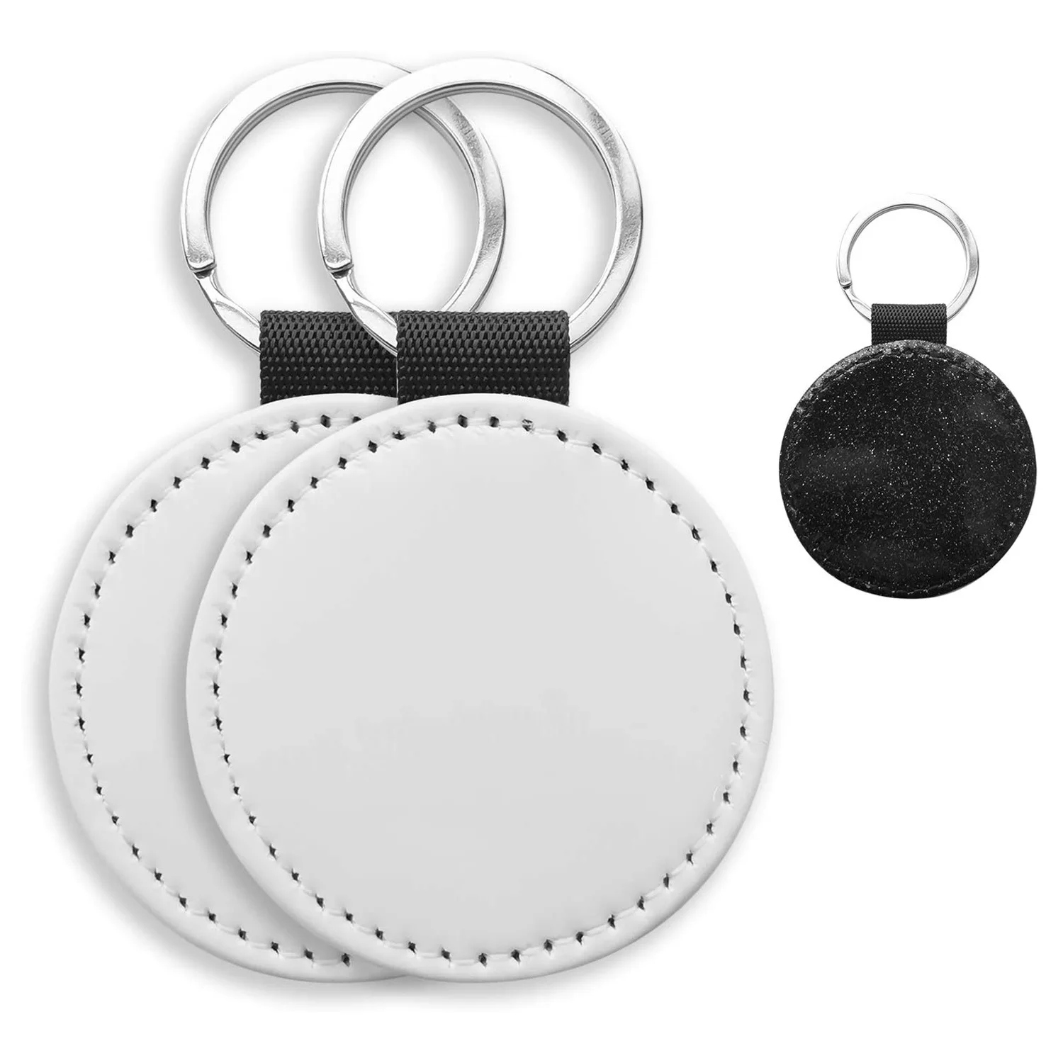 10 Pack Sublimation Blanks Keychain Glitter PU Leather Keychain DIY Heat Transfer Keyring (Black Round)