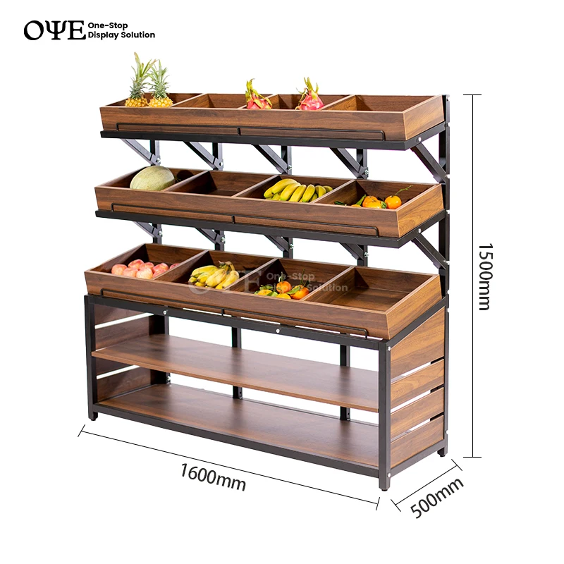 custom.Supermarket Stainless steel Wooden Fruit and Vegetable Display Stands Rack Shelf Counter