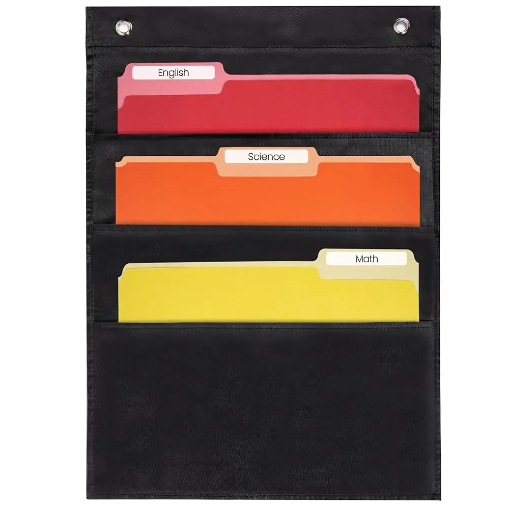 

- 3 Pocket File Pocket Chart, Black, 14\ Wide x 19.5\ Tall - Versatile Wall Hanging File Folder Organizer for Classroom, Off