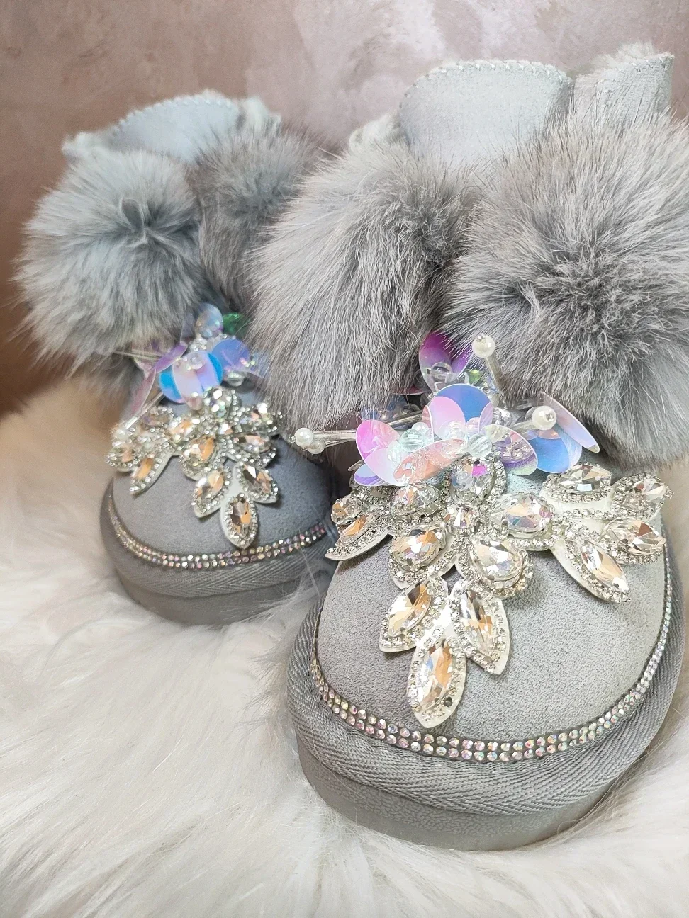 Womens Real Fox Fur Ankle Boots Rhinestones Crystal Lace Up Flats Warm Winter Snow Shoes Thick Gray New 2024