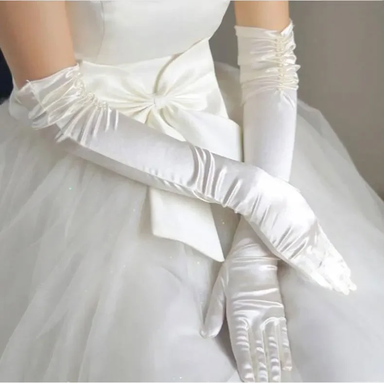 Blanc ivoire rouge noir mariage fleur filles Communion concours Costume longs gants en Satin gants de mariée