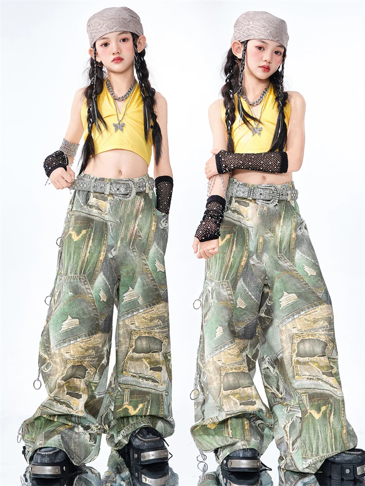 Hip Hop Mädchen Kleidung Kinder Jazz Street Dance Kostüm Gelb Glänzende Weste Grün Grüne Hose Hose für Kinder Performance Outfit