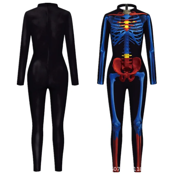 Skelett-Knochen-Blumen-Schädel 3D-Druck Anzug für Damen und Herren, Muskel-Menschenkörper-Jumpsuit, Halloween-Party-Cosplay-Kostüme – Detail 14
