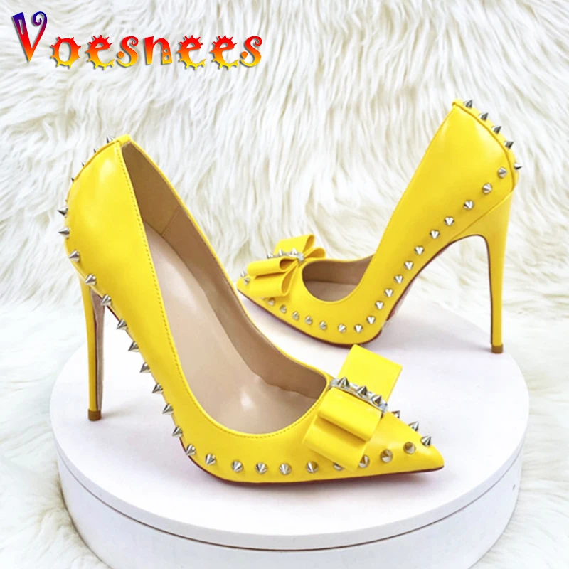 

Шикарные туфли на высоком каблуке с металлическими заклепками, удобные высококачественные туфли на мягкой подошве, женская одежда, туфли-лодочки с острым носком и бантом, 12 см