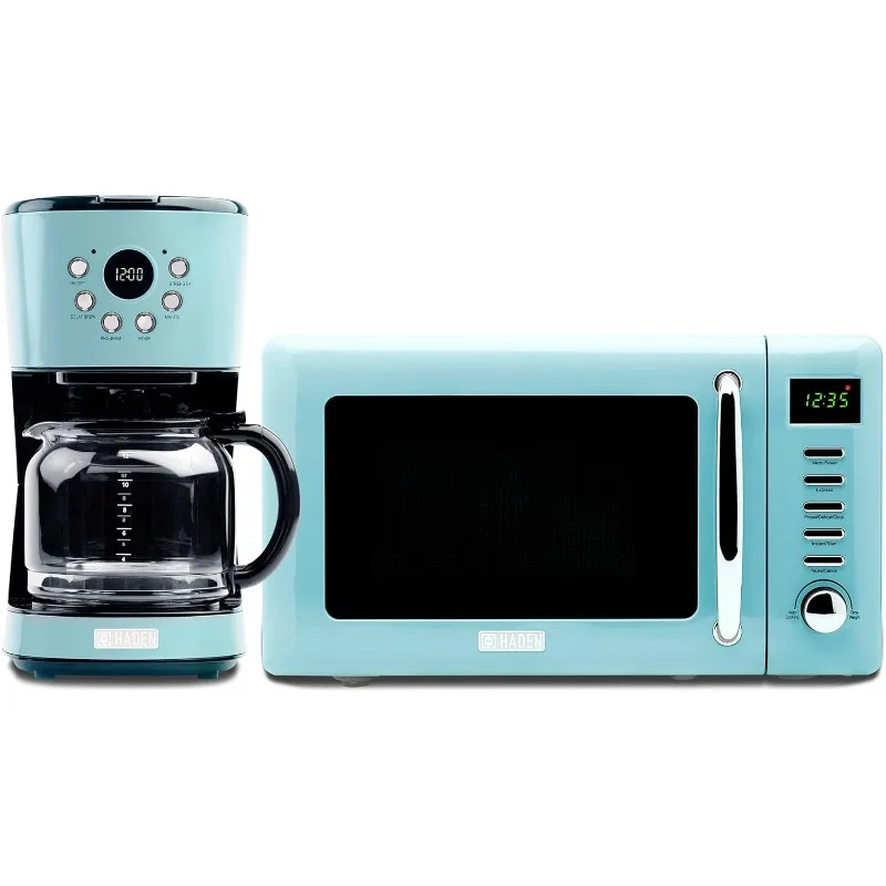 

12 Cup Programmable Vintage Retro Home Coffee Maker Machine with Vintage Retro 0.7 Cu Ft 700W Countertop Microwave Oven, Blue