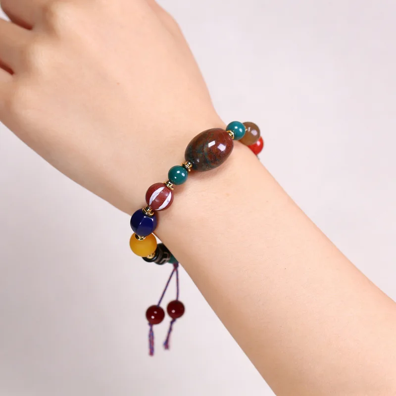 Natural Tibetan Genuine Old Mine Raw Stone Dragon Pattern Agate and Om Mani Bead Multi-Treasure Bracelet, approximately 20x27mm