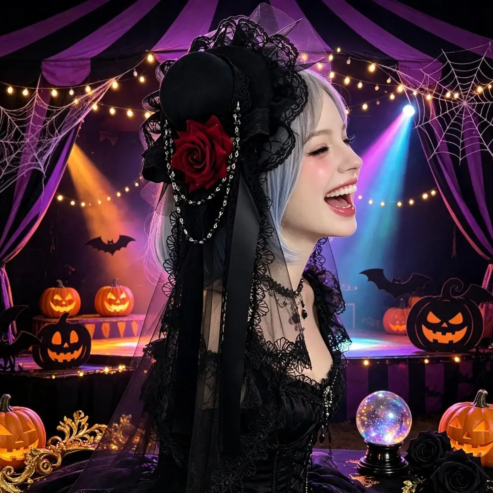ゴシックベールローズミニシルクハット黒または白のエレガントなファッションハット日常着用ハロウィン感謝祭ギフト