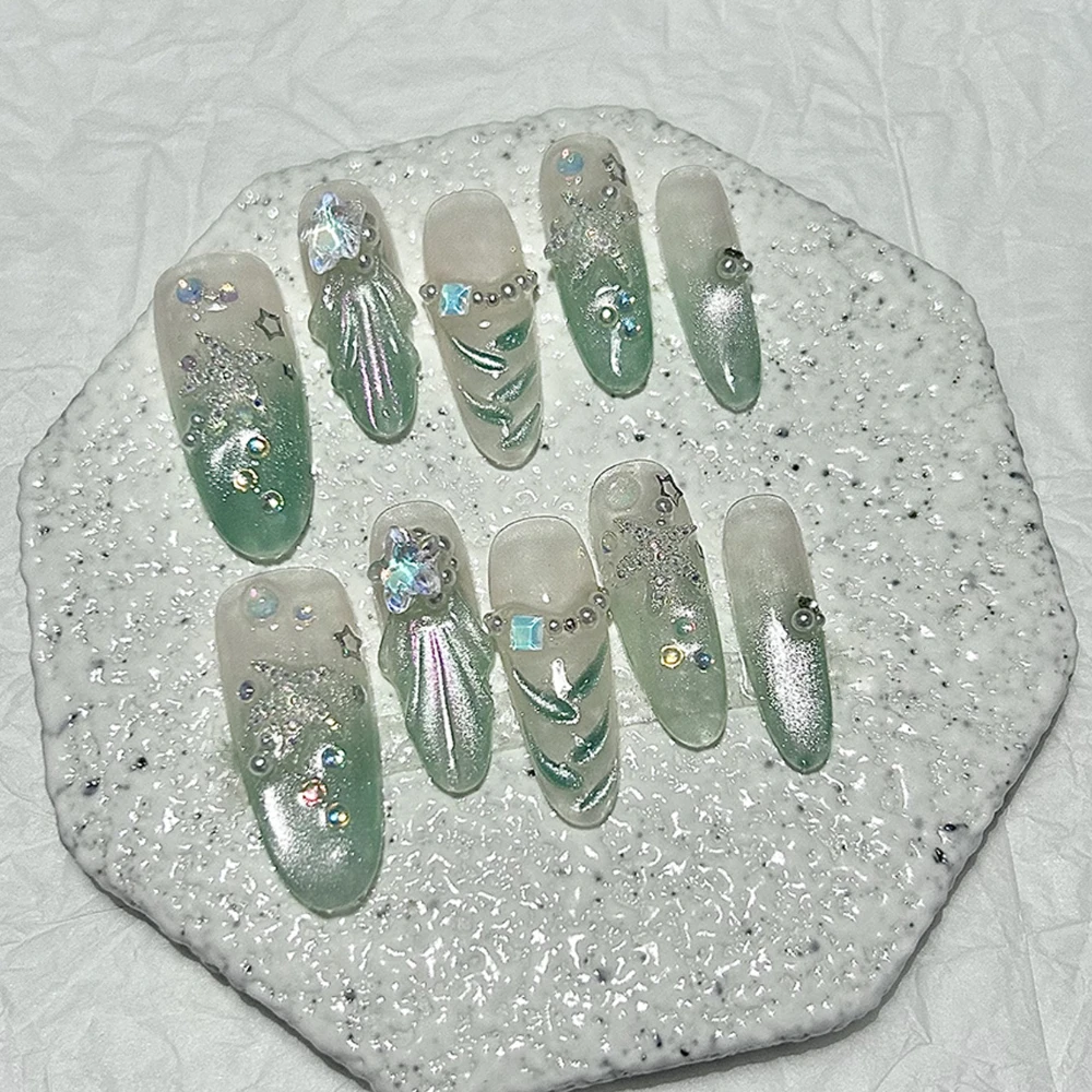 10PCS Summer Ocean Waves Fishtail Green Long Oval Handmade Press On Nails Cottagecore Stars Cat Eye Glitter Fake Nails Nail Art