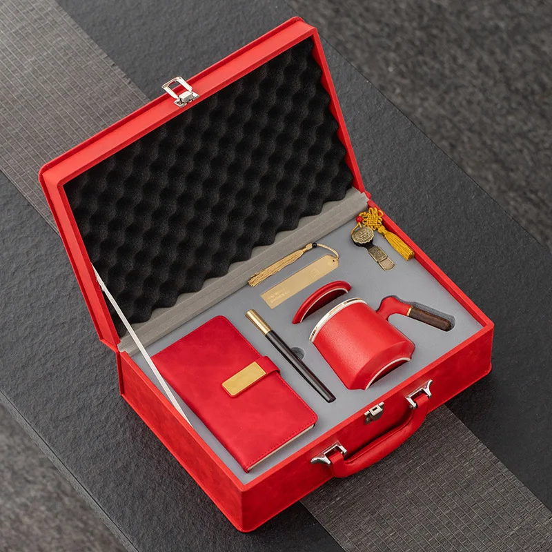 Ceramic Water Cup Set Company Business Annual Meeting Activity Handheld Leather Case as a Gift for Leaders