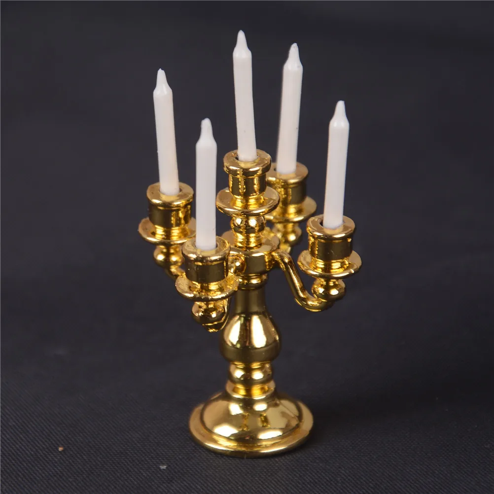 1:12 Schaal Poppenhuis Miniatuur Mini Gold Kandelaar Meubels Metalen Kandelaar Kandelaars Model Diy Keuken Pretend Speelgoed