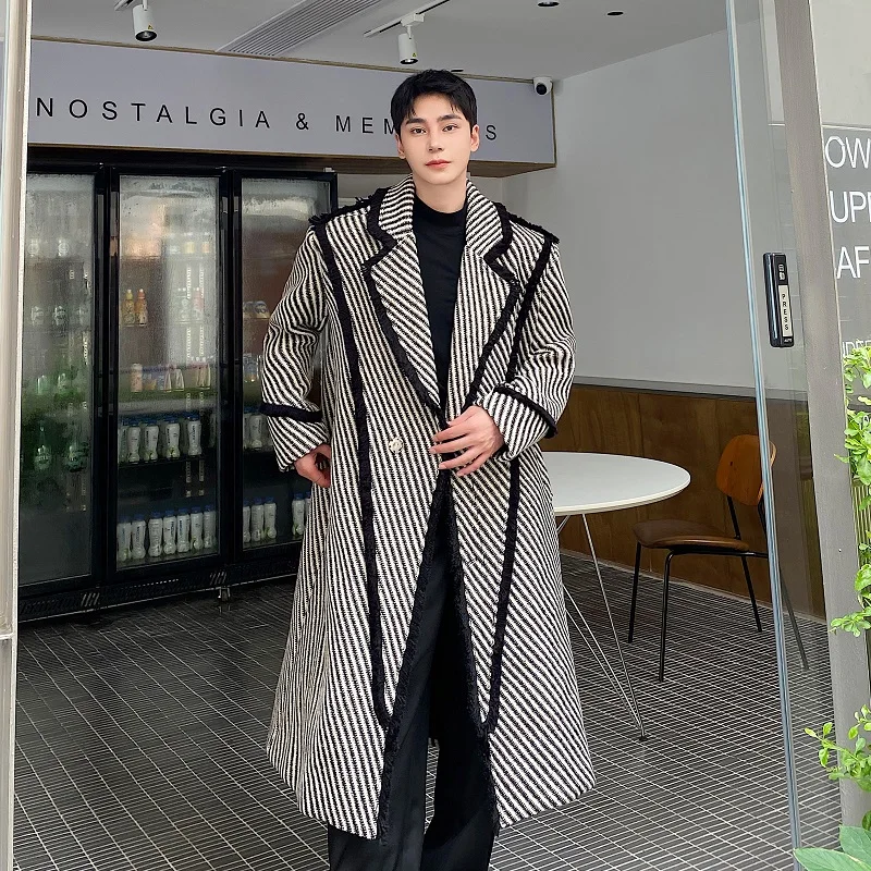 

SYUHGFA Korean Lapel Woolen Jacket Men's Clothing Loose Long Coat 2024 Autumn Winter Thickening Weave Coat Tops Fashion Casual