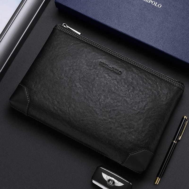 

Men's Clutch Bag Genuine Leather Handbag Large Capacity Envelope Wallet Business Zipper Wristlet Cowhide Purse Male Hand Bags