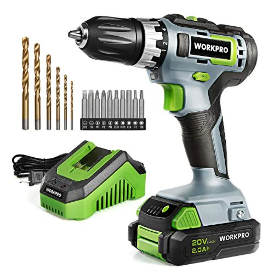 

20V Cordless Drill/Driver Kit 3/8 18+2 Torque Setting Variable Speed 2.0 Ah Li-ion Battery and 1 Hour Fast Charger
