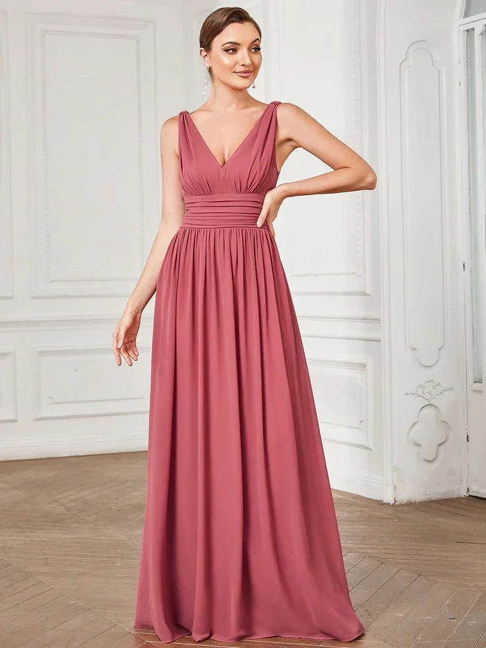 

Ever Pretty 2023 gasa simple de color sólido Elegant Double V-Neck Maxi Long Bridesmaid Dresses