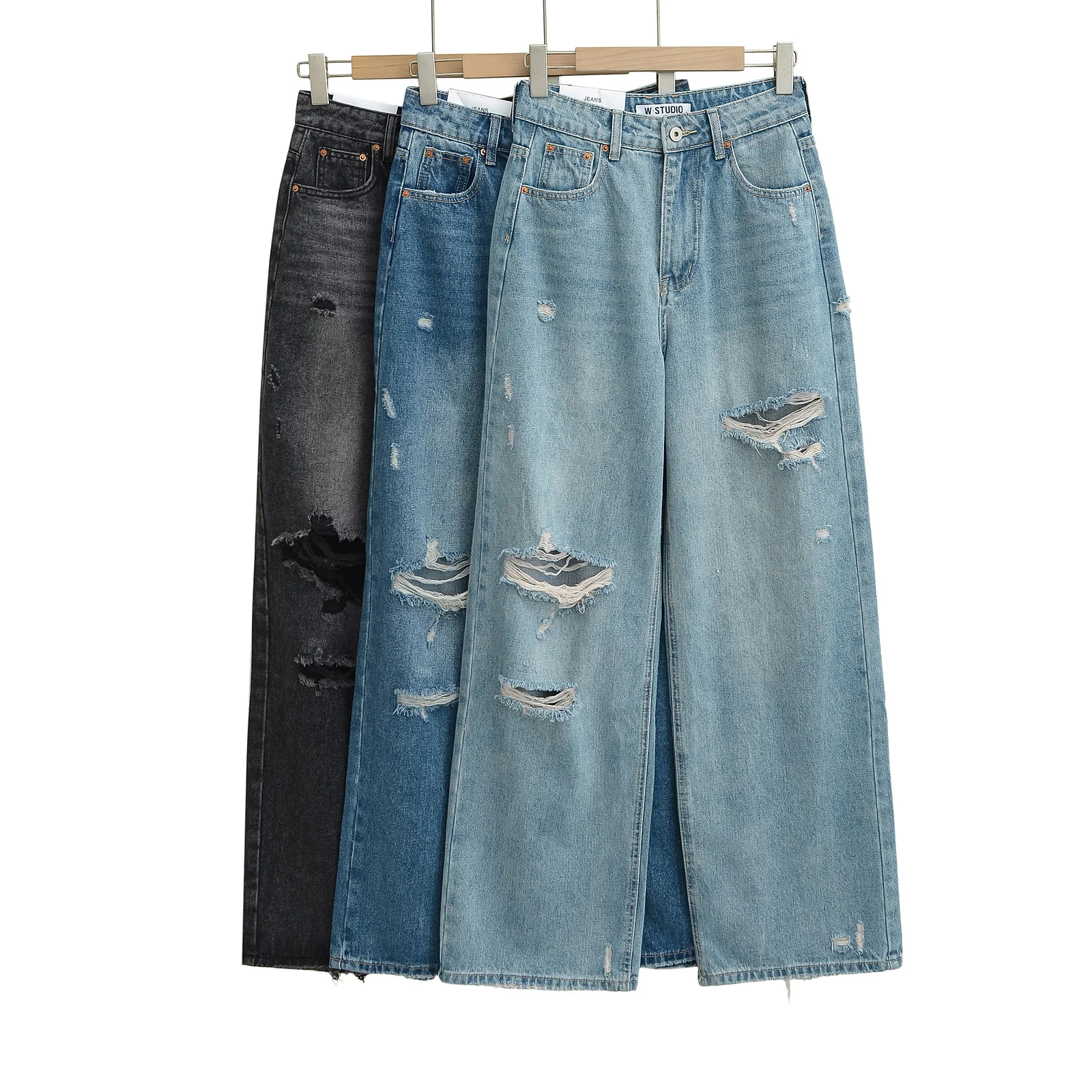 American Style Retro Washed Distressed High Waist Wide Leg Jeans Cool Sweet Hole Punching Floor Length Trousers