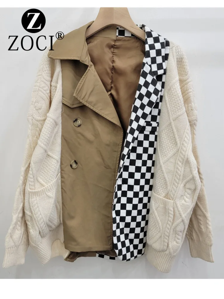 [ZOCI] Sweater With Contrasting Color Splicing Black White Checkered Cardigan, Suit Jacket, Women's High-end And