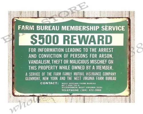 West Virginia Farm Bureau $500 Reward metal tin sign mancave wall art decor