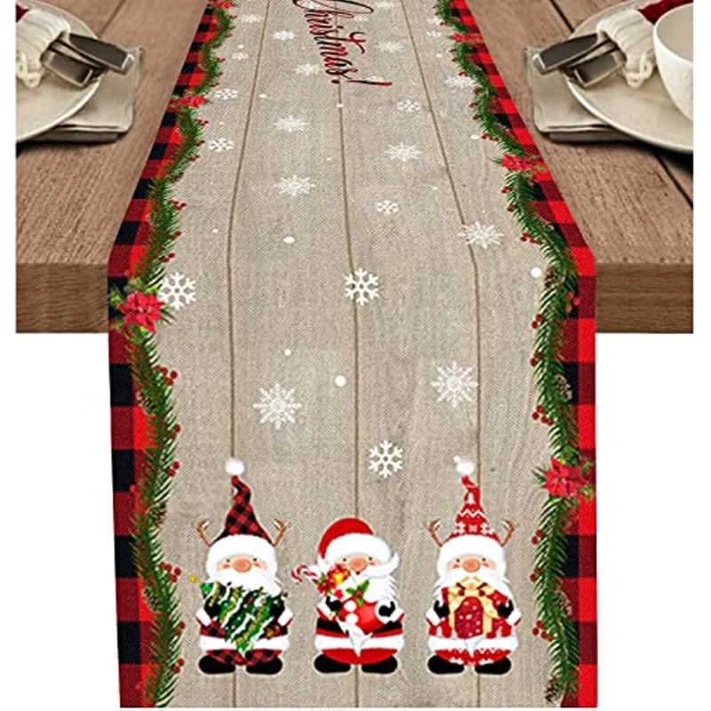 Christmas Table Runner Table Linen Buffalo Plaid Table Runner, Holiday Winter Snowflake Santa Table Runner Home Party Decoration