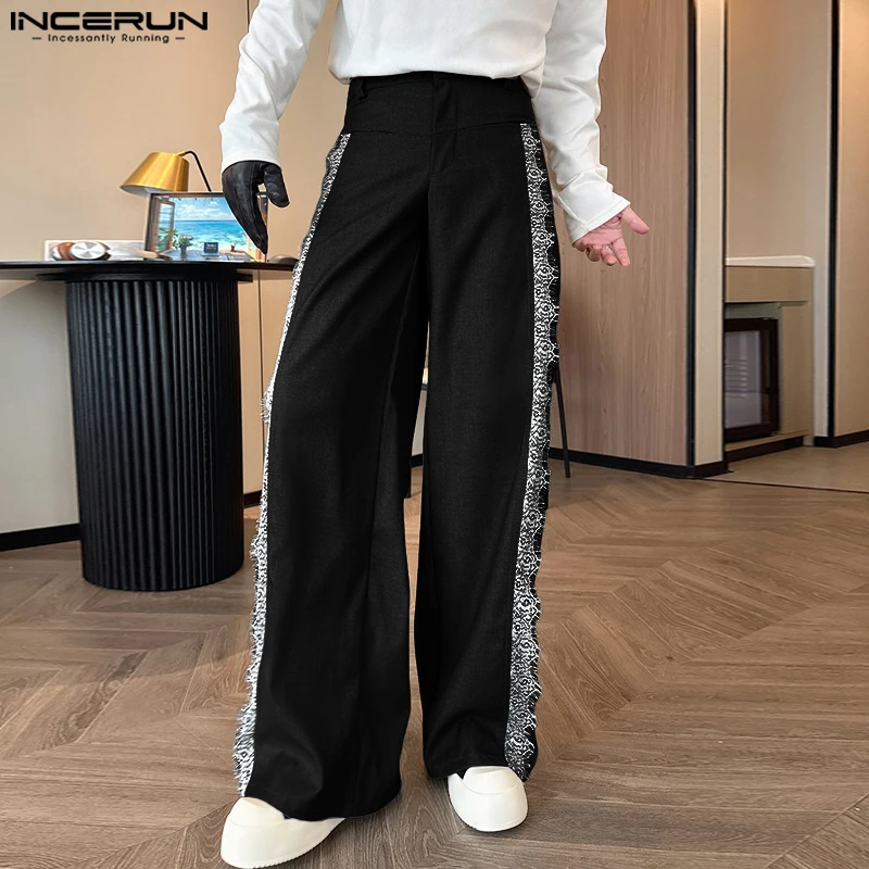 

INCERUN Men Pants Lace Patchwork Joggers Oversize Casual Straight Trousers Men Streetwear 2025 Fashion Male Long Pants Korean