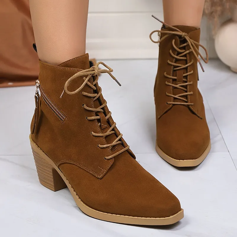 

Французские винтажные ботильоны, осенние туфли с острым носком, на шнуровке с боковой молнией, на мягкой подошве, хорошие туфли на блочном каблуке