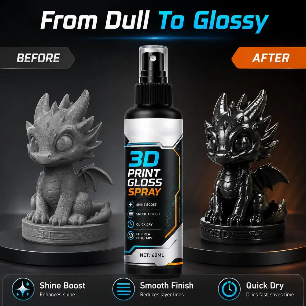 60ml 3D Print Gloss Spray Quick Dry Clear Coat Varnish Smooth Finish PLA PETG ABS Resin Figures Layer Lines Remover Polishing